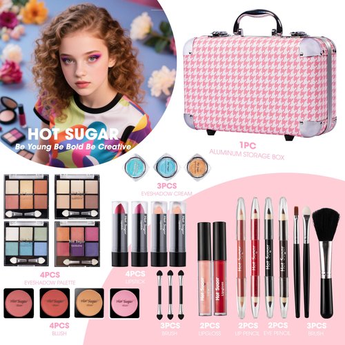 Hot Sugar All In One Makeup Set for Adults and Girls-Full Makeup Kit for Beginners Includes Eye Shadow Palette Blush Lip Gloss Lipstick Lip Pencil Eye Pencil Brush Mirror (Pink Houndstooth)
