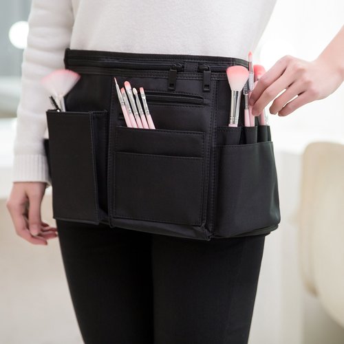 MyGift Professional Black Salon Apron, Makeup Artist Cosmetic Canvas Waist Apron, Multiple Pocket Brush Bag Organizer