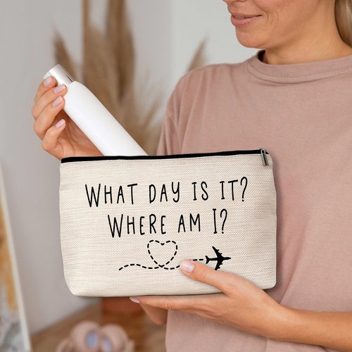 AWSICE Flight Attendant Makeup Bag What Day Is It Where Am I Cosmetic Travel Toiletry Bags Friendship Gift For Stewardess Flight Crew Women Sister Friend-A13