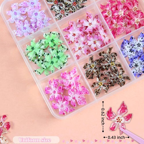 12 Grids 120Pcs Flower Nail Art Charms Cute Hawaii Flower Nail Rhinestones Colorful Flowers Nail Diamonds Hibiscus Floral Nail Gem Summer Nails Jewelry Tiny Flowers Nail Design for Women Nail Supplies