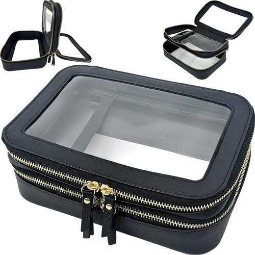 JAZD Clear Makeup Bags, Cosmetic Toiletry Organizer for Women, Travel Make up Toiletries, Small Transparent Pouch, TSA Approved Train Case (BLACK)