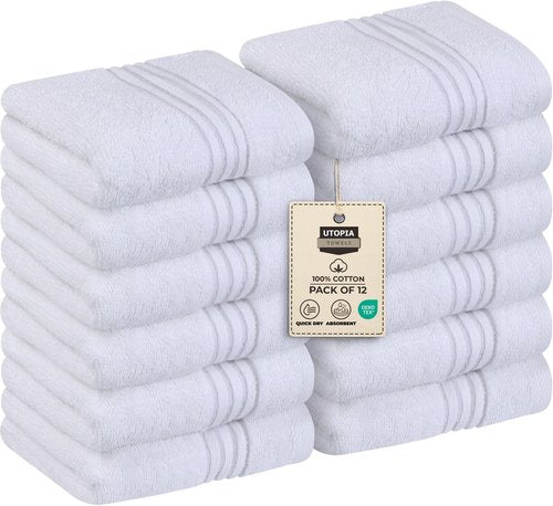 Utopia Towels 12 Pack Premium Wash Cloths Set, 12 by 12 Inches, 100% Cotton Ring Spun, Highly Absorbent and Soft Feel Washcloths for Bathroom, Spa, Gym, and Face, White