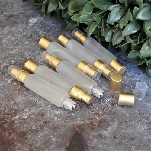 6-Pack Frosted Clear Glass Bottles with Dual Ends – Sprayer & Roller Tops – Leakproof, Quality Essential Oil & Perfume Bottles with Elegant Gold Accents – Refillable Custom Blend Containers