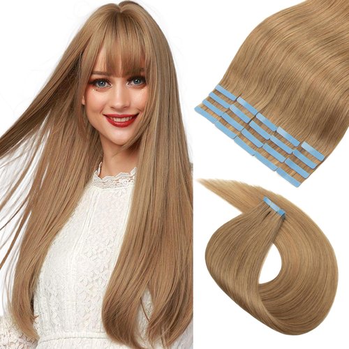 Lveyan 100% Human Hair Tape in Hair Extensions Invisible PU Seamless Skin Weft 16 Inch 50g/pack 20pcs Caramel Blonde Tape in Remy Human Hair Silky Straight Hair Extensions (#27, 16 Inch)