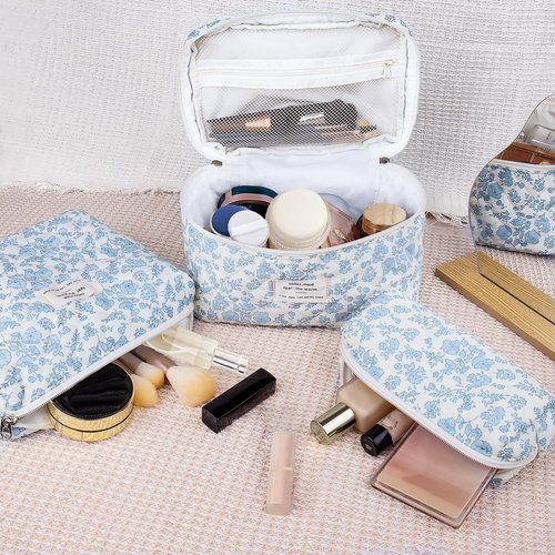 Gosect 3pc Makeup Bag Set, Quilted Makeup Bag Set, Large Floral Cosmetic Bag for Women, Cute Cotton Makeup Bags, Flower Travel Toiletry Organizer Bag (Checkered)