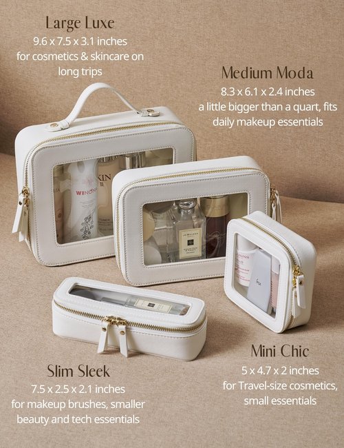 Popvibe Clear Makeup Case Toiletry Bag Travel Clear Cosmetic Bag with Zipper, Make Up Bag Organizer Traveling TSA Approved Transparent Makeup Bag Car for Essentials, Mini & Medium, White