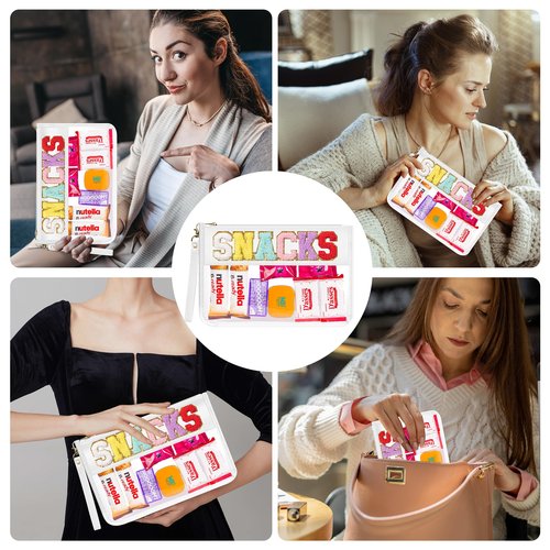 YEMEDA Clear Zipper Pouch PVC Waterproof Nylon Makeup Letter Bag for Women Girls Chenille Letter, for Travel, Cosmetic Bag, Snack Bags, Clear Stuff Bags, For Travel,（White-Snacks）