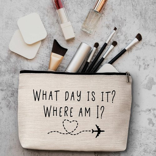 AWSICE Flight Attendant Makeup Bag What Day Is It Where Am I Cosmetic Travel Toiletry Bags Friendship Gift For Stewardess Flight Crew Women Sister Friend-A13