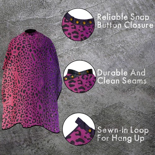 Hair Stylist Cape Unisex Barber Capes Professional, Water Proof, Metal Snap Button Closures Leopard King Midas Cape (Purple/Pink)