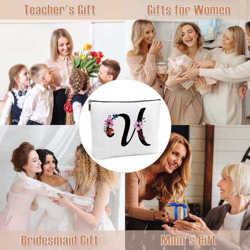 Make Up Bags for Women, Personalized Letter U Makeup Bag with Mirror, Initial Canvas Bag Cosmetic Travel Bags Toiletry Pouch Gift for Girls, Wedding Birthday Gifts for Sister Mom Friends Female(U)