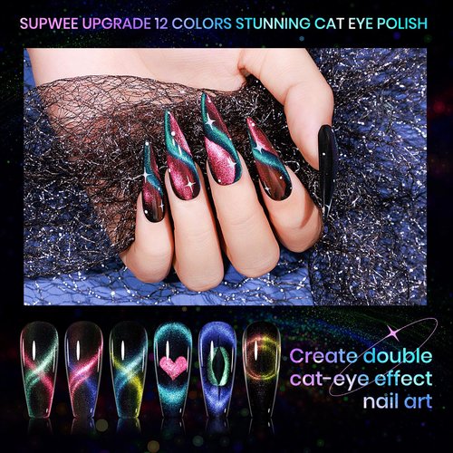 SUPWEE Cat Eye Gel Nail Polish Set - 12 Colors 9D Magnetic Nail Polish Gel Galaxy Cateye Nail Gels Polishes with 1 Black Gels and Magnetic Lamp Cure Required Home Manicure DIY Nail Art