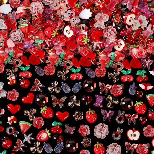 COOSLIM 150 Pieces 3D Resin Strawberries Butterfly Flower Nail Charms Rose Flower Peach Star Heart Bear Bow Cat Cherry Rhinestones Heart Pearls for DIY Nail Art Decoration Making Craft（red）