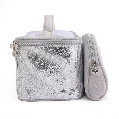 Juicy Couture Silver Makeup Bag Cosmetics Organizer Travel Essentials Train Case Coin Purse Glitter Rhinestone Velour