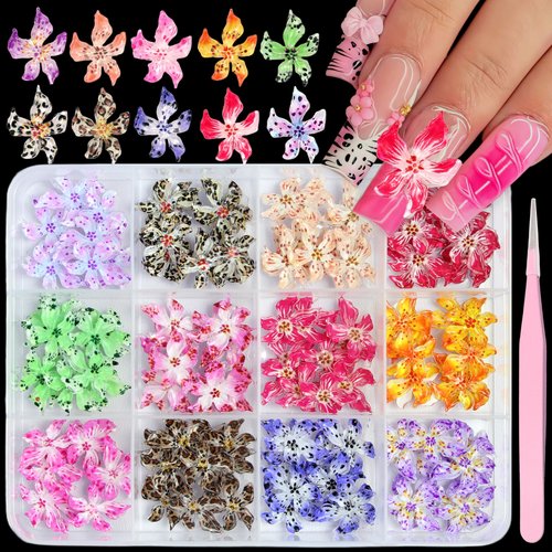 12 Grids 120Pcs Flower Nail Art Charms Cute Hawaii Flower Nail Rhinestones Colorful Flowers Nail Diamonds Hibiscus Floral Nail Gem Summer Nails Jewelry Tiny Flowers Nail Design for Women Nail Supplies