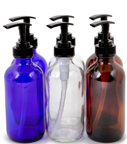 Vivaplex, 6, Large, 8 oz, Empty, Assorted Colors, Glass Bottles with Black Lotion Pumps …
