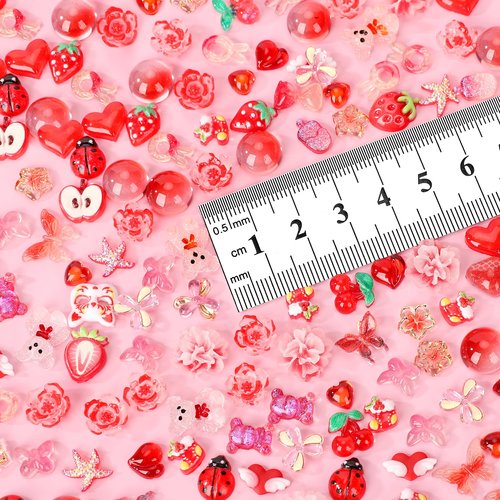 COOSLIM 150 Pieces 3D Resin Strawberries Butterfly Flower Nail Charms Rose Flower Peach Star Heart Bear Bow Cat Cherry Rhinestones Heart Pearls for DIY Nail Art Decoration Making Craft（red）