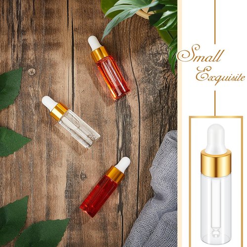 Didaey 200 Pcs Mini Glass Oil Dropper Bottle Bulk, Clear Essential Small Empty Bottles Sample Containers Perfume Liquid Vials with Cap for Traveling (5 ml,Gold)