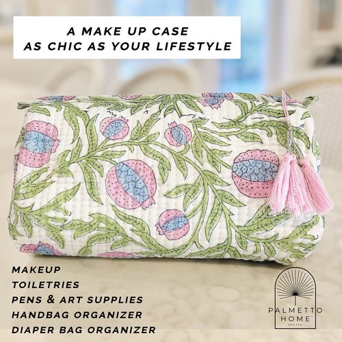 Palmetto Home Block Print Designer Toiletry Bag & Makeup Case - Boho Floral Quilted Pouch for Cosmetics