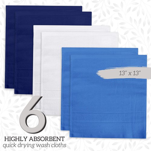 GREEN LIFESTYLE 12x12 inches Waffle Weave Washcloths 6 Pack, Soft, Durable, Highly Absorbent and Luxurious (Blue)