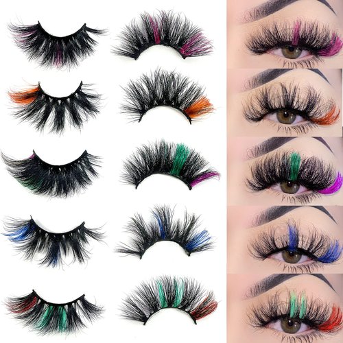 YASNAI Colored Mink Lashes 25mm, 5 Pairs Mix, Long, Dramatic, Full & Fluffy, Vegan & Cruelty Free, Handmade Soft Band, Long Lasting