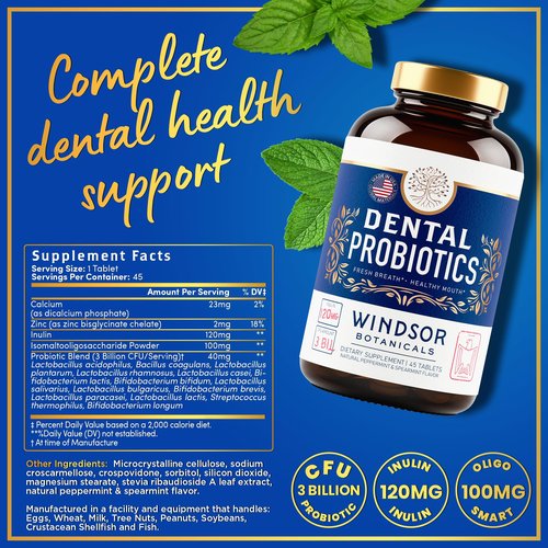 Oral Probiotics for Teeth and Gums - 3BN CFU Lactobacillus Salivarius Acidophilus Rhamnosus Streptococcus - Bad Breath Treatment for Adults - 45 Chewable Mint Dental Probiotic Tablets for Women & Men