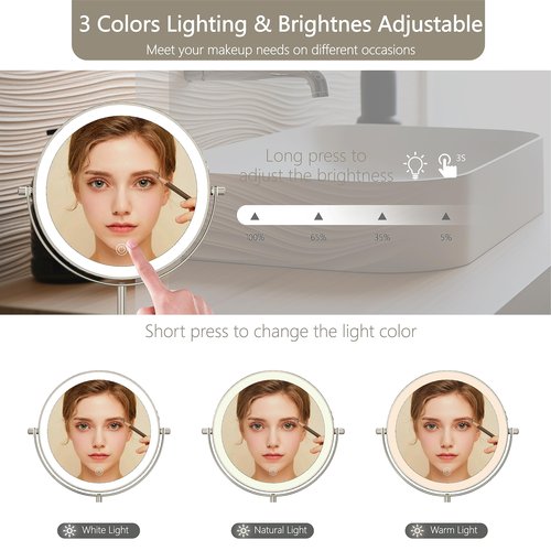 MIROAMZ 8" Lighted Makeup Mirror, 1X/10X Magnification with Light, Double Sided Dimmable, Rechargeable & Brightness & Height Adjustable, Cordless Vanity(Brushed Nickel)