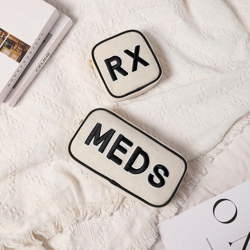 RSRSLEII 2Pcs Small Canvas Rx MEDS Medicine Packages, Cute Chenille Letter Patch Drug Makeup Bag with Metal Zipper, Mini Travel First Aid Purse Organizer Machine Washable (05RX and MEDS)