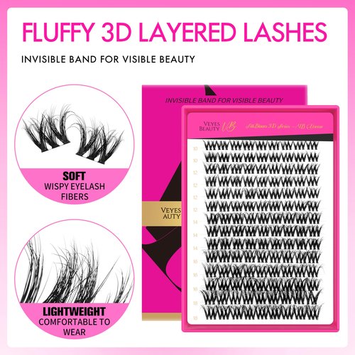 VEYESBEAUTY Lash Clusters Fluffy Individual Lash Extensions VBmuse 3D Layered Volume Eyelashes Thin & Invisible Band Wispy Faux Mink Lash Newbie's Five-Second Mixed Length 10-18mm