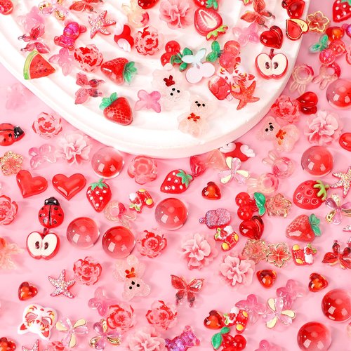 COOSLIM 150 Pieces 3D Resin Strawberries Butterfly Flower Nail Charms Rose Flower Peach Star Heart Bear Bow Cat Cherry Rhinestones Heart Pearls for DIY Nail Art Decoration Making Craft（red）