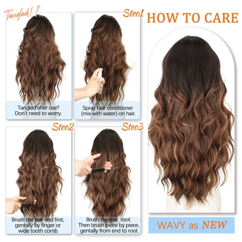 Nnzes Long Brown Highlight Wavy Wig 4x1 Lace Natural Hairline Middle Part Curly Heat-Resistant Synthetic Fiber for Women & Beginners Daily Party Use 26In
