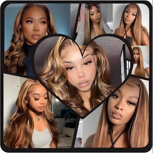 4/27 Closure Human Hair Lace Frontal Highlight Body Wave Lace Closure Brazilian P4/27 2 By 6 Lace Frontal HD Transparent Deep Free Side Part Kim K With Baby Hair Natural Hairline 14 Inch