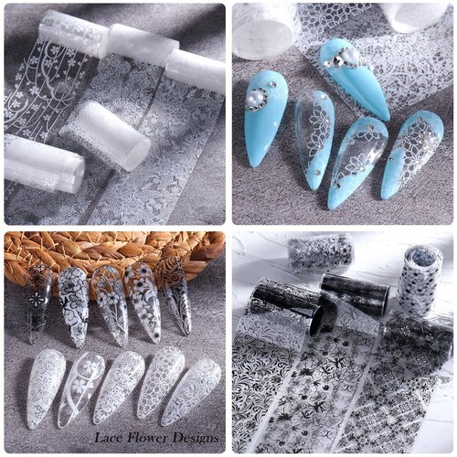JERCLITY 10 Rolls Lace Flower Nail Foil Transfer Sticker Black White Flower Pattern Nail Foil Sheets Lace Flowers Transfer Stickers