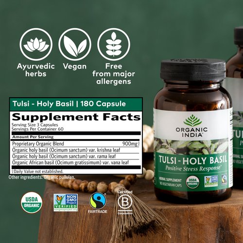 ORGANIC INDIA Tulsi Herbal Supplement - Holy Basil, Immune Support, Adaptogen, Supports Healthy Stress Response, Vegan, Gluten-Free, Kosher, USDA Certified Organic, Non-GMO - 180 Capsules