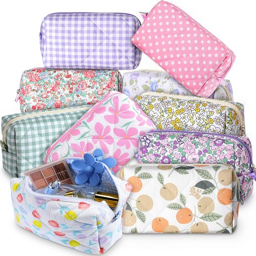 Paterr 10 Pcs Cotton Quilted Makeup Bag Bulk Cute Cosmetic Bag for Women Floral Gingham Coquette Aesthetic Travel Toiletry Pouch Bags Bridesmaid Gifts(Gingham Floral,7.87 x 4.72 x 3.15 Inches)