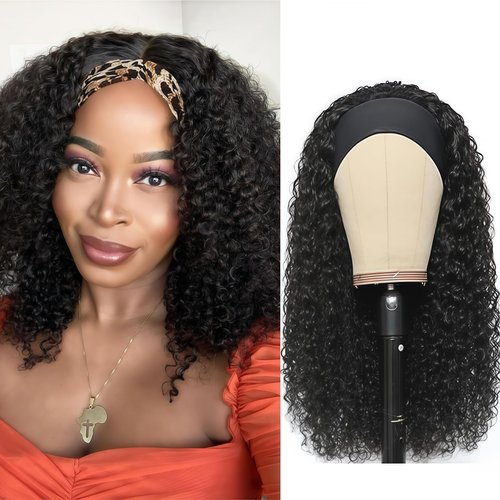 Semicaop Curly Headband Wigs 16 Inch 100% for Black Women Human Hair Glueless Wear and Go Human Hair Headband Wigs Curly 180% Density Natural Black