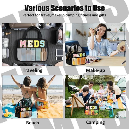 BuyCard Chenille Letter Clear Medicine Makeup Bag for Travel, Preppy Patch Nylon Cosmetic Meds Pouch with Handles and Zipper, Waterproof Large Travel Toiletry Bag Storage Case for Women Black