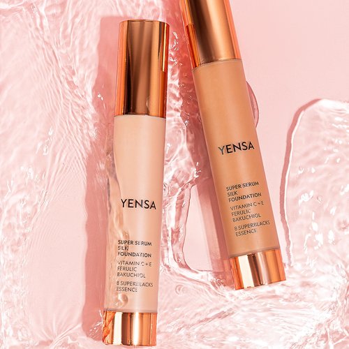 YENSA Serum Foundation Makeup - Super Silk Full Coverage Foundation Enriched with Peptides, Vitamin C & Ferulic Acid to Help Reduce Fine Lines, Wrinkles & Dark Circles - Tan 1 (1 oz)