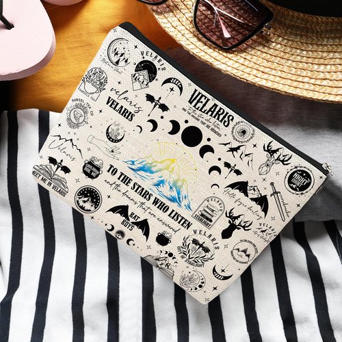 VeloKomo ACOTAR Gifts Makeup Bag - Reusable Organizer Bags Fantasy Birthday Gift for Girls Women Bookish Friend Novel Lover Fan Merch Cosmetic Pouch With Zipper Goth Night Moon Star Starry Print Case