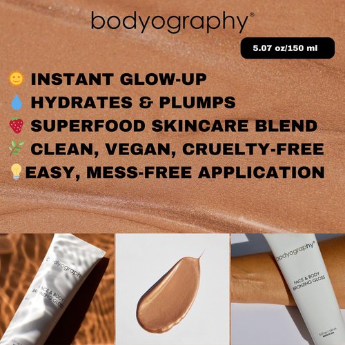 Bodyography Face & Body Bronzing Gloss for Women, 1.69 ounces - Hydrating Glow with Jojoba Oil, Hyaluronic Acid & Coffee, Vegan, Long Wear Shimmer Finish