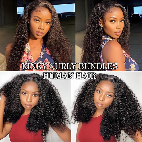 Kinky Curly Bundles Human Hair 14 16 18 Inch Human Hair Bundle 100% Unprocessed Brazilian Virgin Hair 3 Bundles for Black Women Weave Extensions Natural Black
