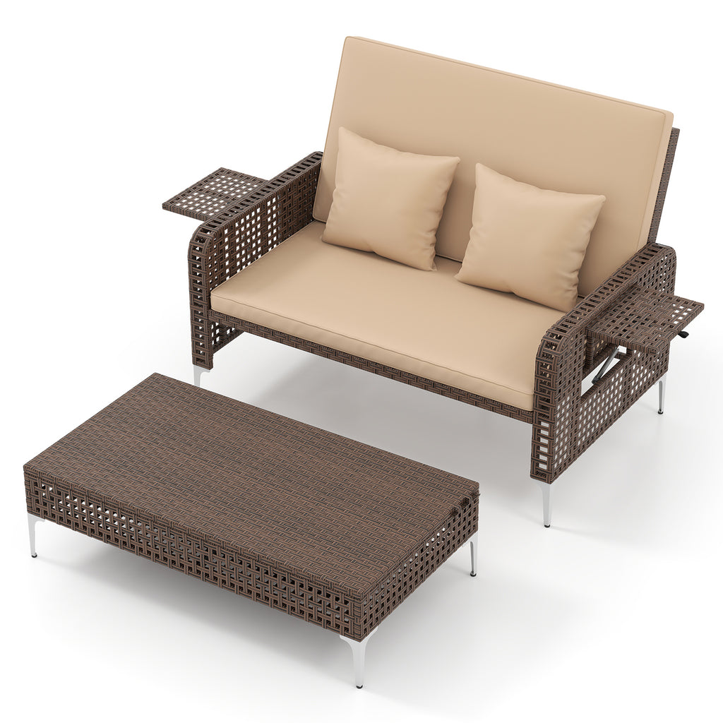 2 Piece Patio Rattan Daybed Wicker Loveseat and Ottoman with