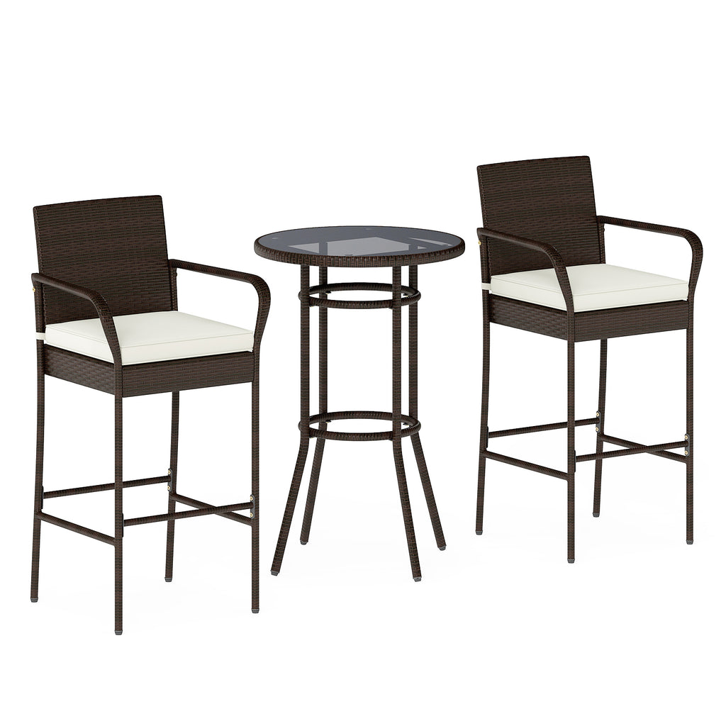 Patio Rattan Bar Height Table and Chairs with 2 Seat Cushions for