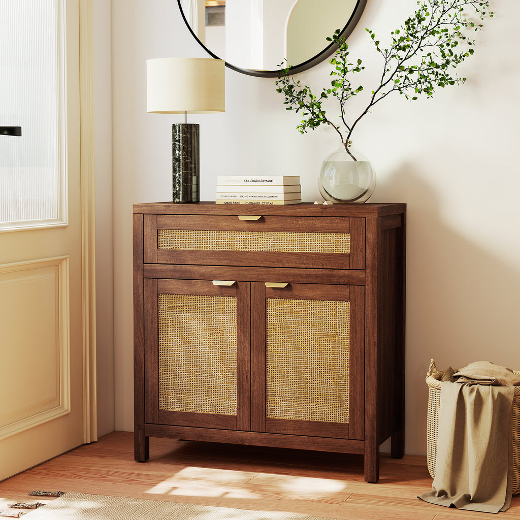 Sideboard Storage Cabinet with Rattan Doors and Large Drawer - Brown