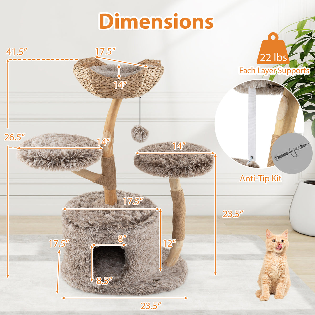 Wood Cat Tree Solid Pear Cat Tower with Perch & Sisal Posts - Brown