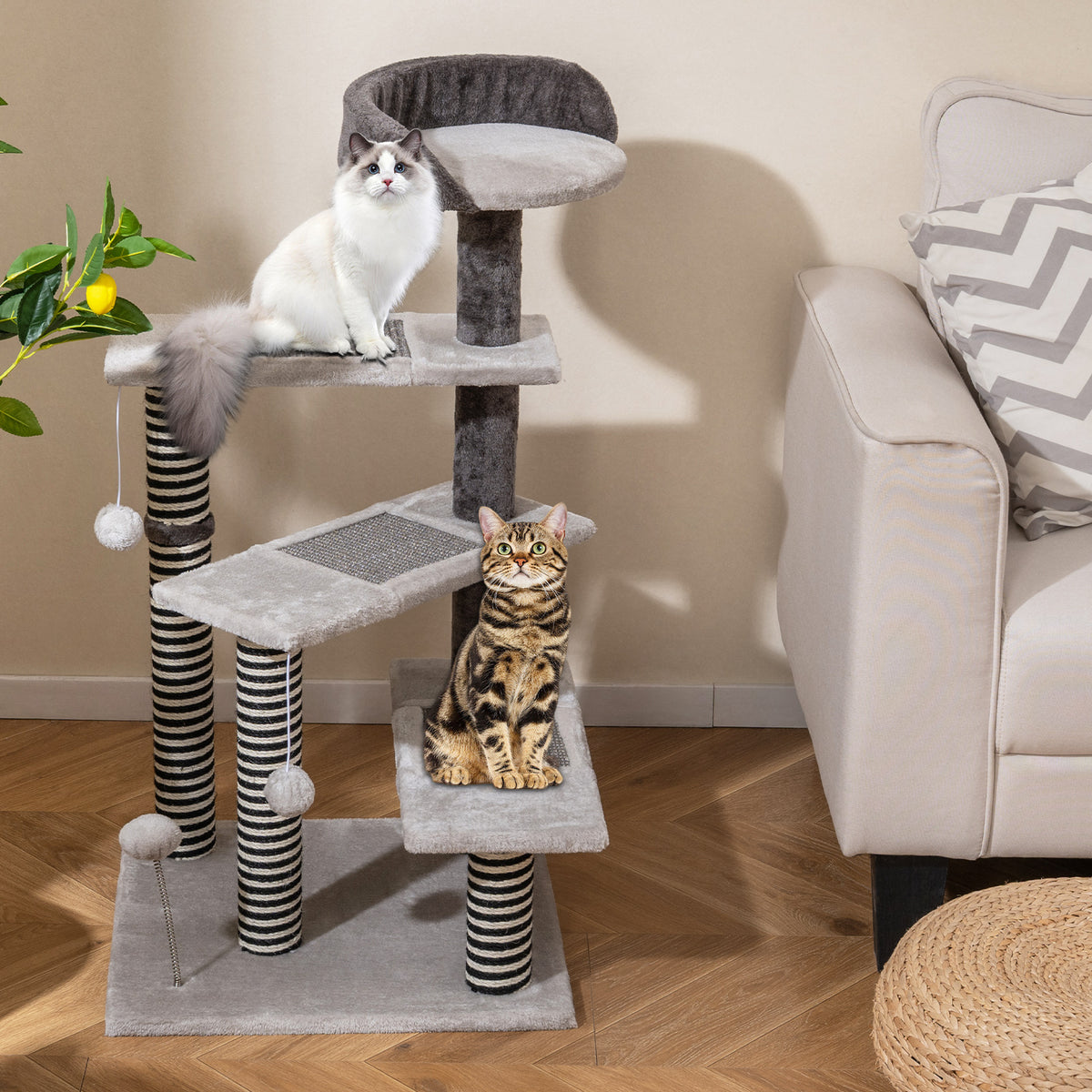 93 CM Tall Cat Tree Kitten Tower with Sisal & Jute Scratching Posts - Gray Variation