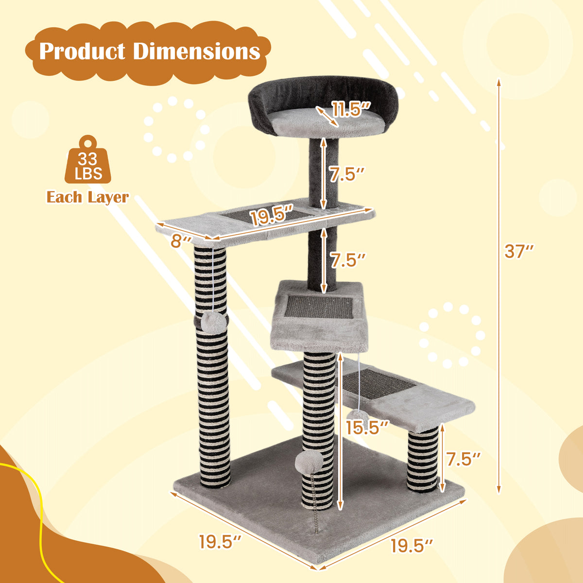93 CM Tall Cat Tree Kitten Tower with Sisal & Jute Scratching Posts - Gray Variation
