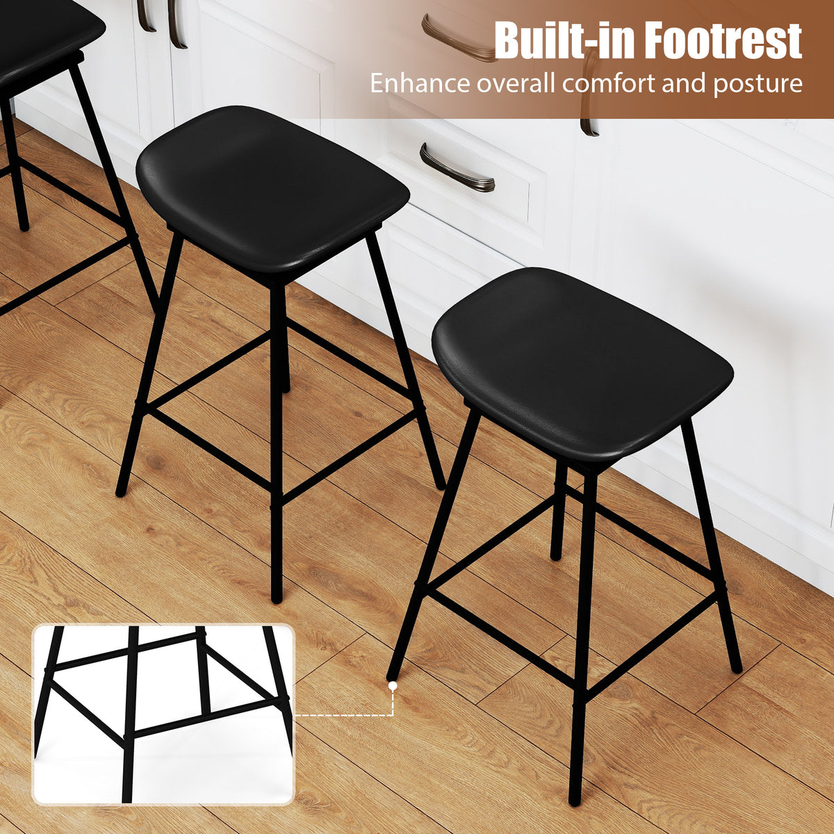 Set of 2 Swivel Barstools Faux Leather Backless Black