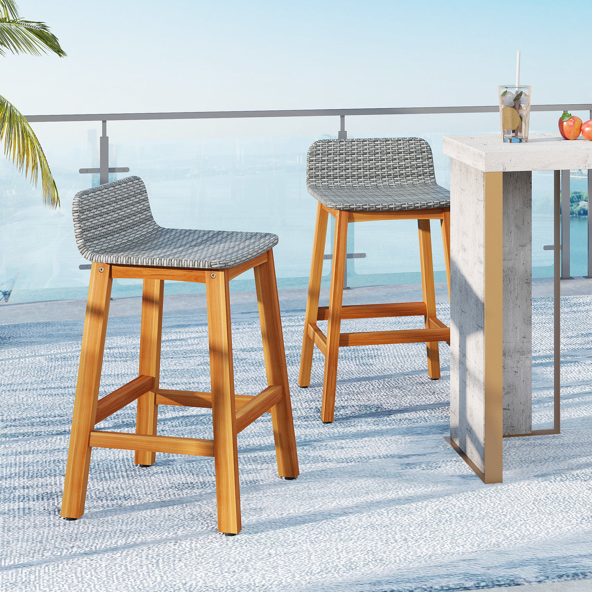 Acacia Wood Bar Stools Set of 2 with Backrests & Footrests – Gray