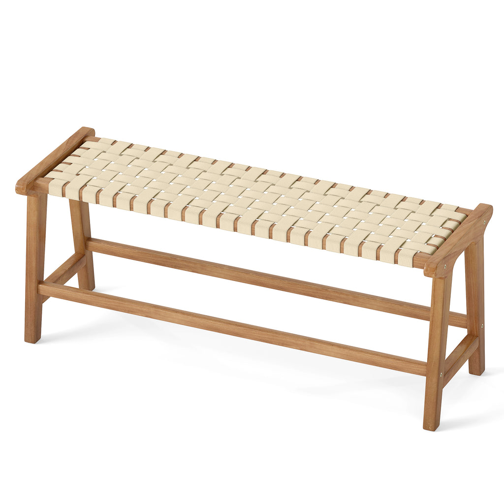 47 Inches Long Teak Wood Patio Bench with Weave Seat and Solid Legs