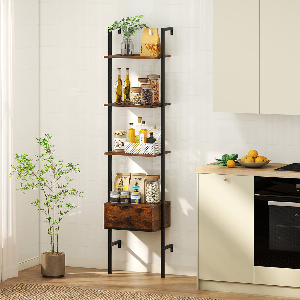 5-Tier Ladder Bookcase with Drawer & Metal Frame - Rustic Brown